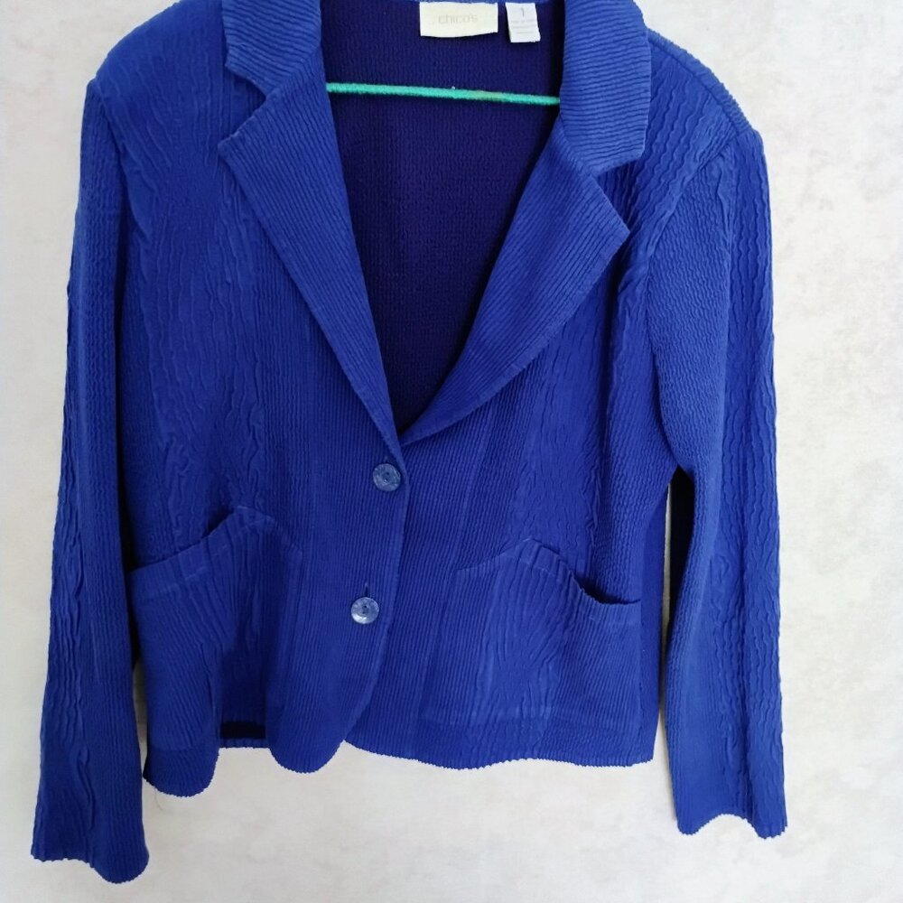 Chico's Women's Royal Blue Cable Knit Blazer Sweater Jacket Size 1 (Medium)